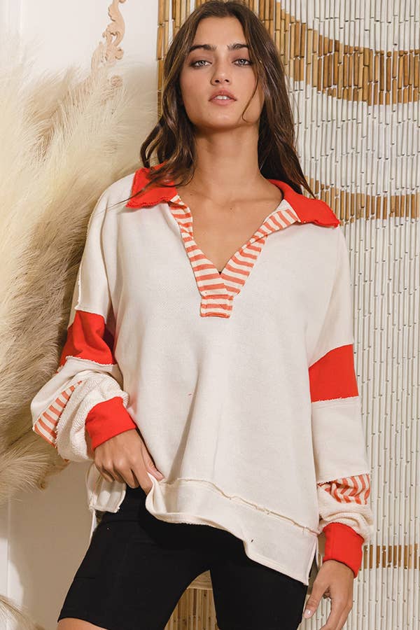 T2004 French Terry Knit Color-block Collared Loose Fit Top