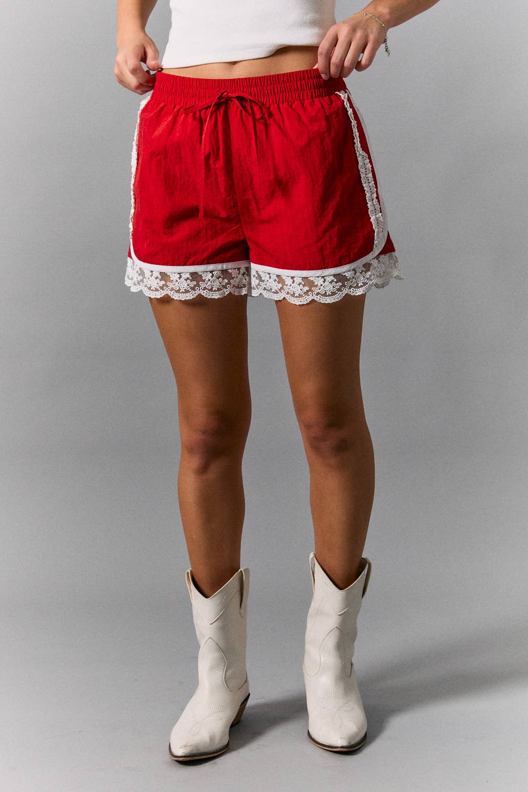 LE LIS - ELASTIC WAIST LACE TRIM DETAIL LOW WAIST TRACK SHORTS