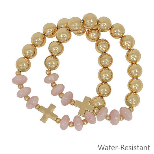 What's Hot - Set of 2 Gold Beaded with Pink Crystals and Gold Cross Stretch Bracelets