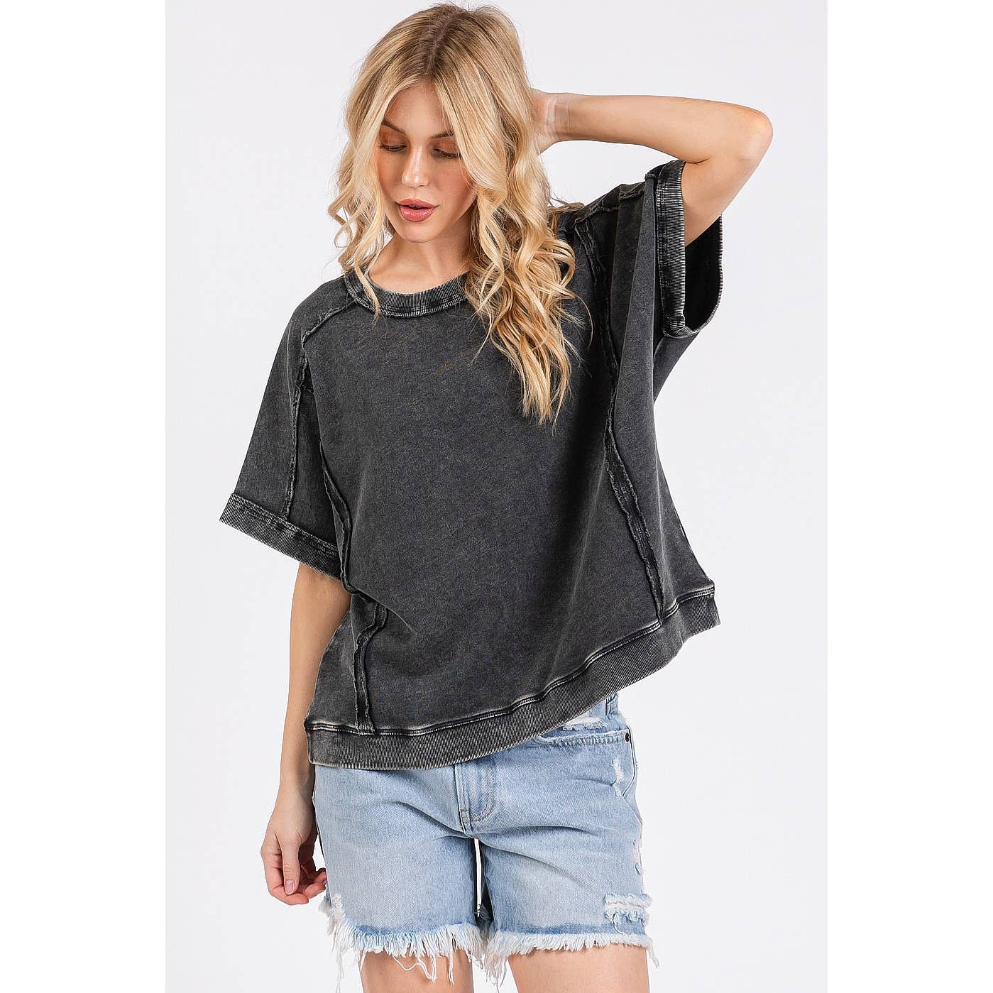 MINERAL WASH FRENCH TERRY CREW NECK CASUAL TOP