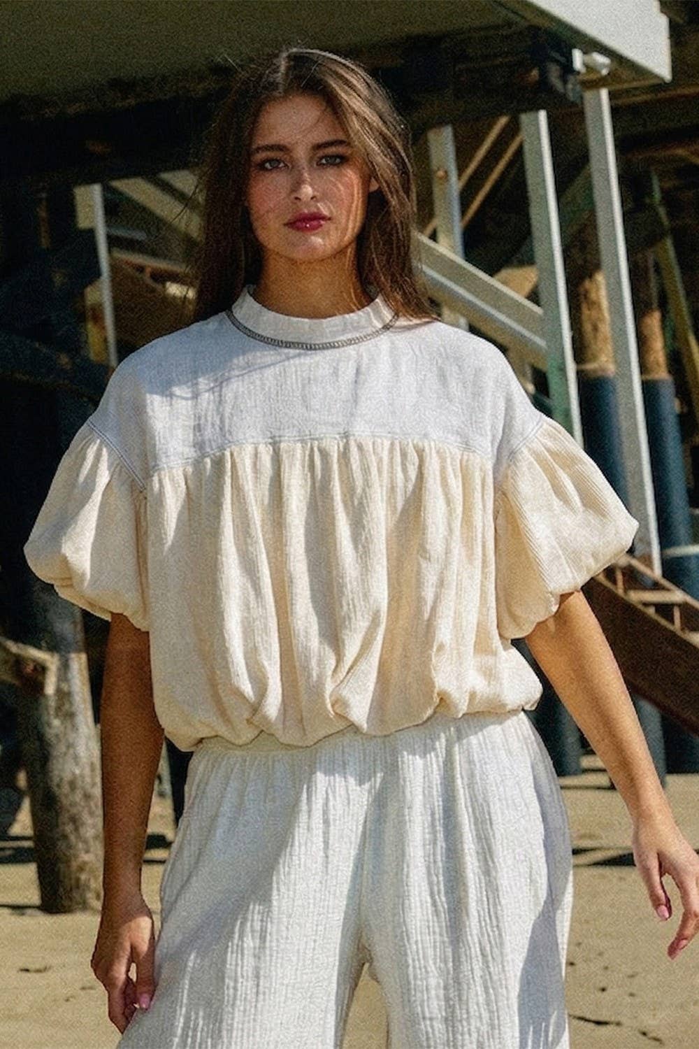 BUCKETLIST INC - T2965 Ruffle Sleeve & Hem Contrast Detail Crop Top