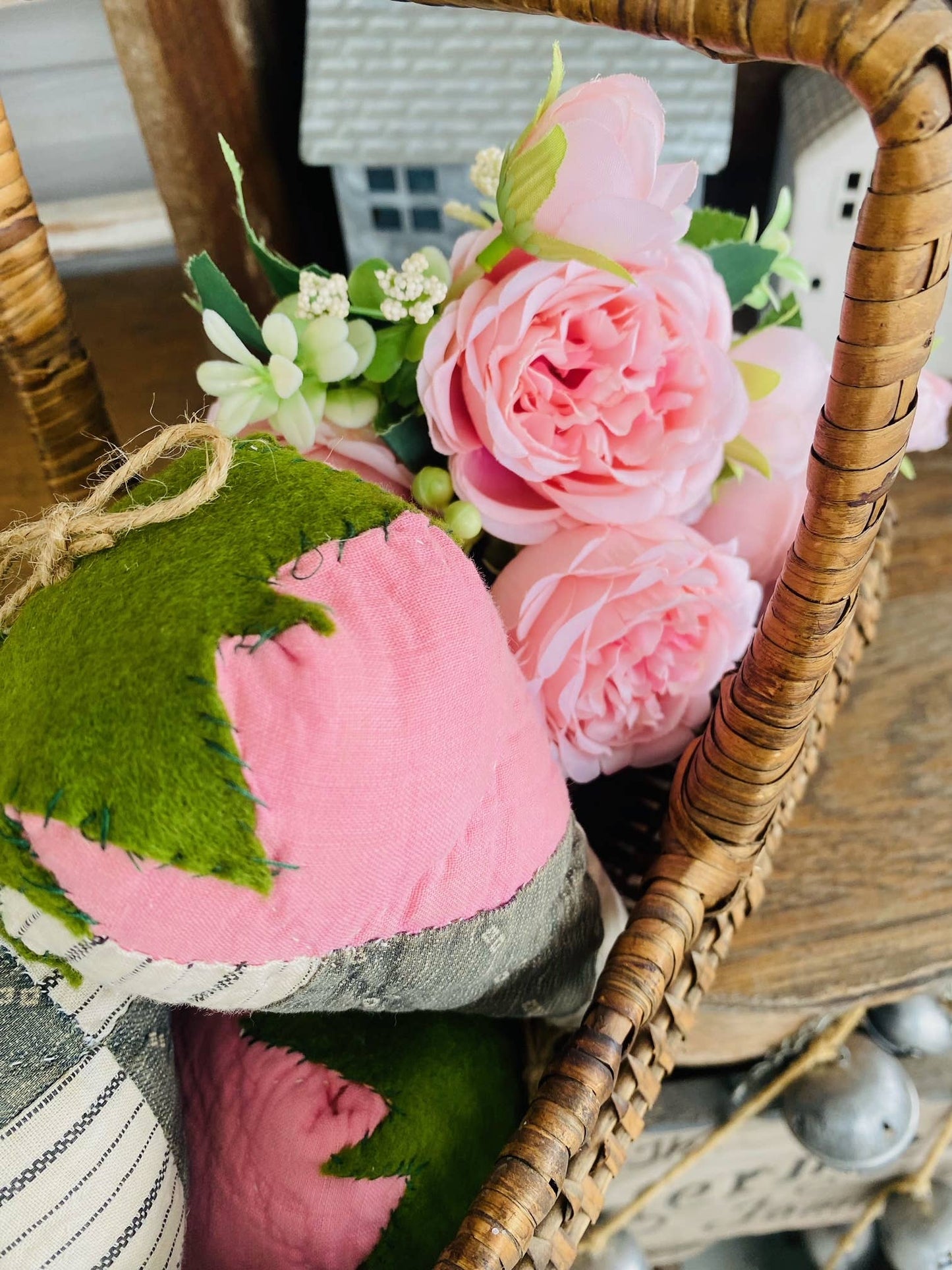 A Gnome on the Roam - Large handmade fabric vintage quilt strawberry bowl filler