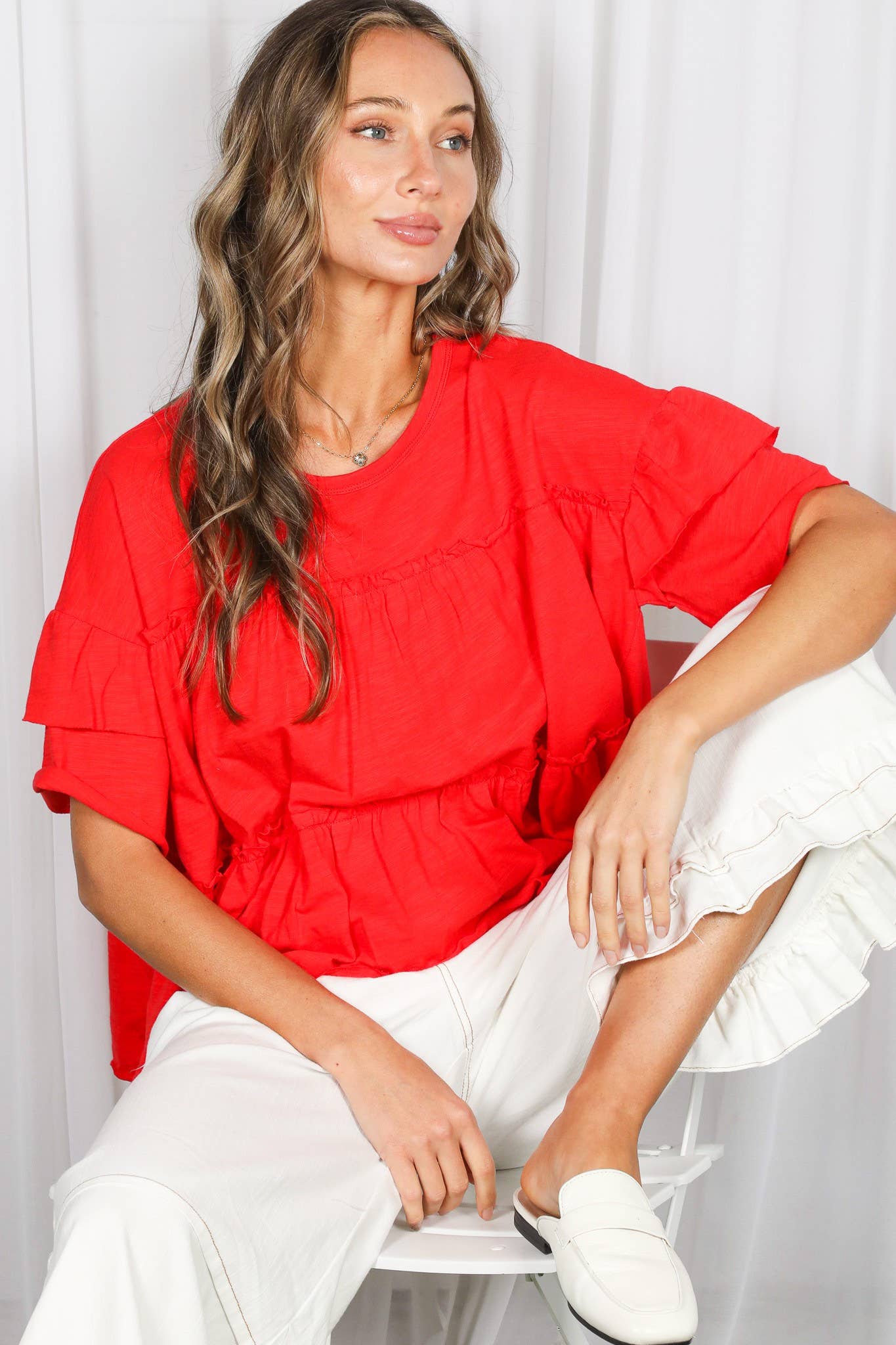 Ruffle Tired Crew Neck 100%Cotton Top VT83163