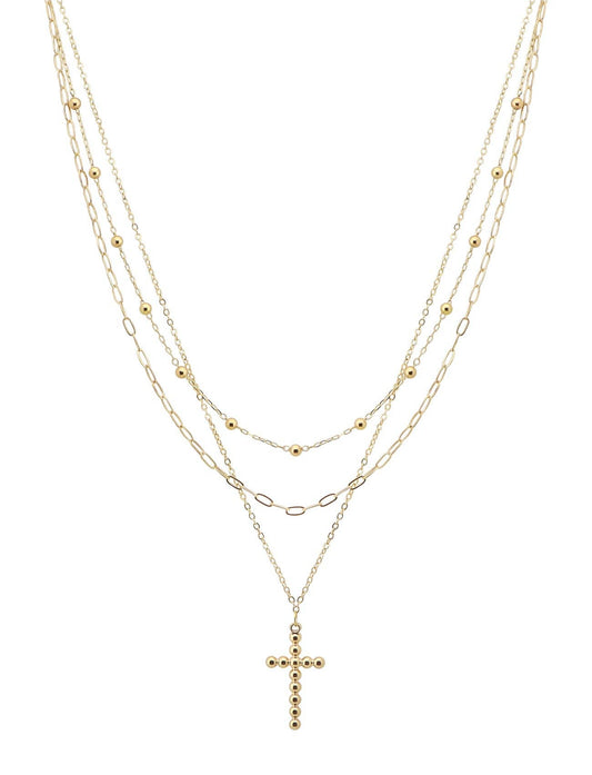 What's Hot - Gold Triple Layered with Bubble Cross Charm 16"-18" Necklace