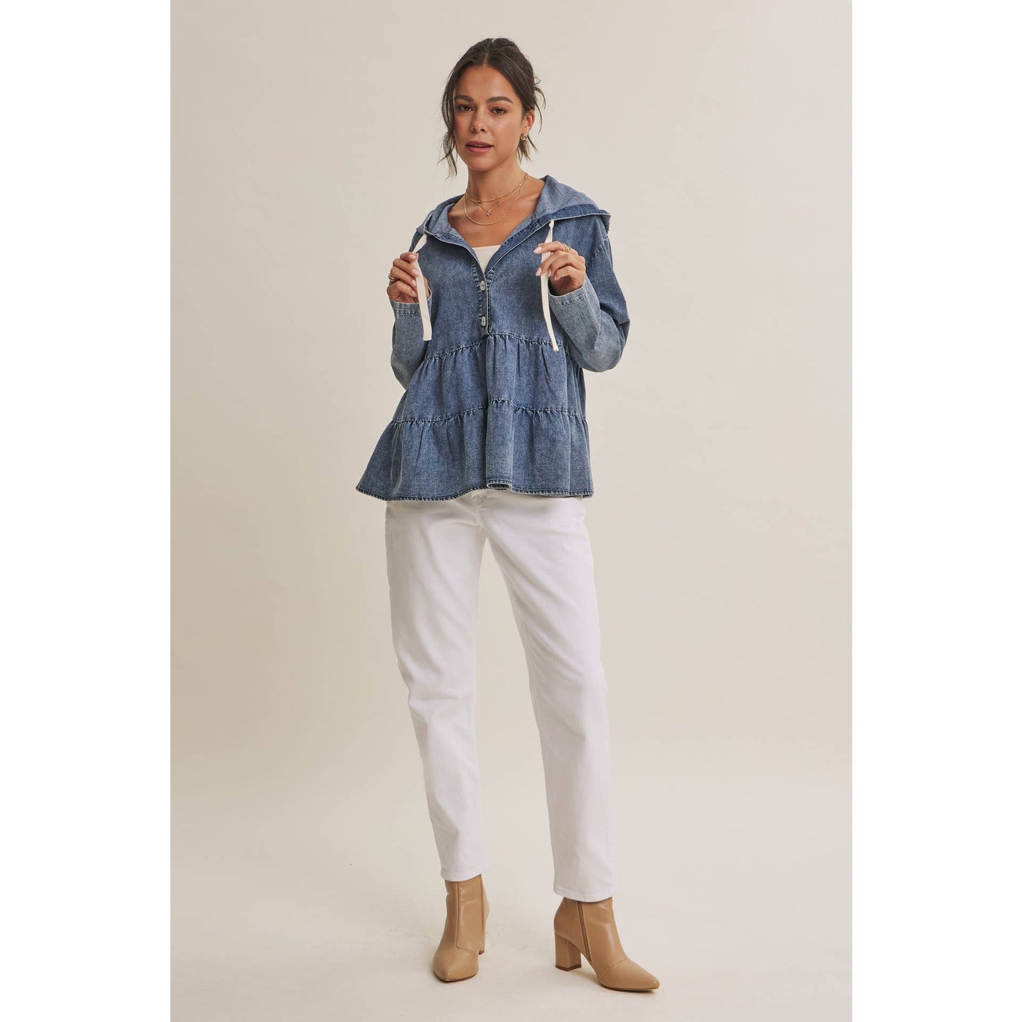in february - DUSTY ROAD MINERAL-WASHED HOODED TIERED RUFFLES DENIM TOP