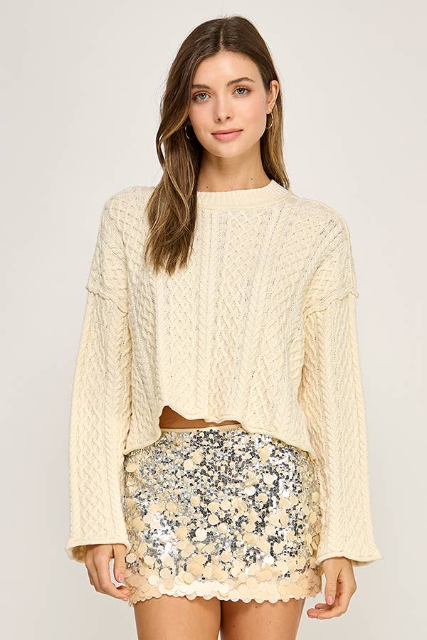 CROPPED CABLE KNIT PULLOVER