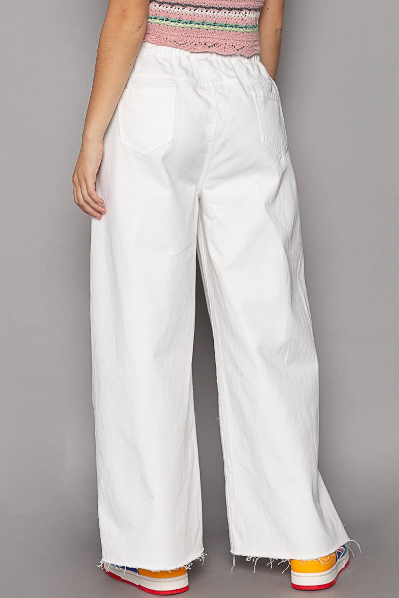 Wide Leg Drawstring Elastic Waist Distressed Denim Pants