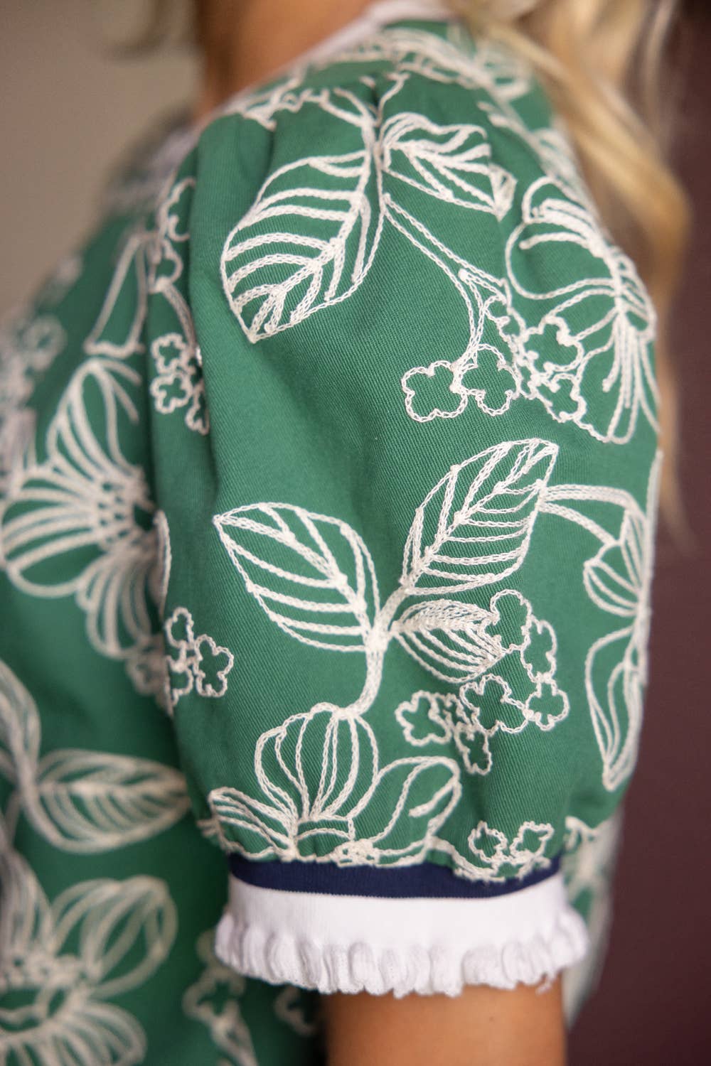VOY - 36770 Striped Rib Band Detail Floral Embroidered Top