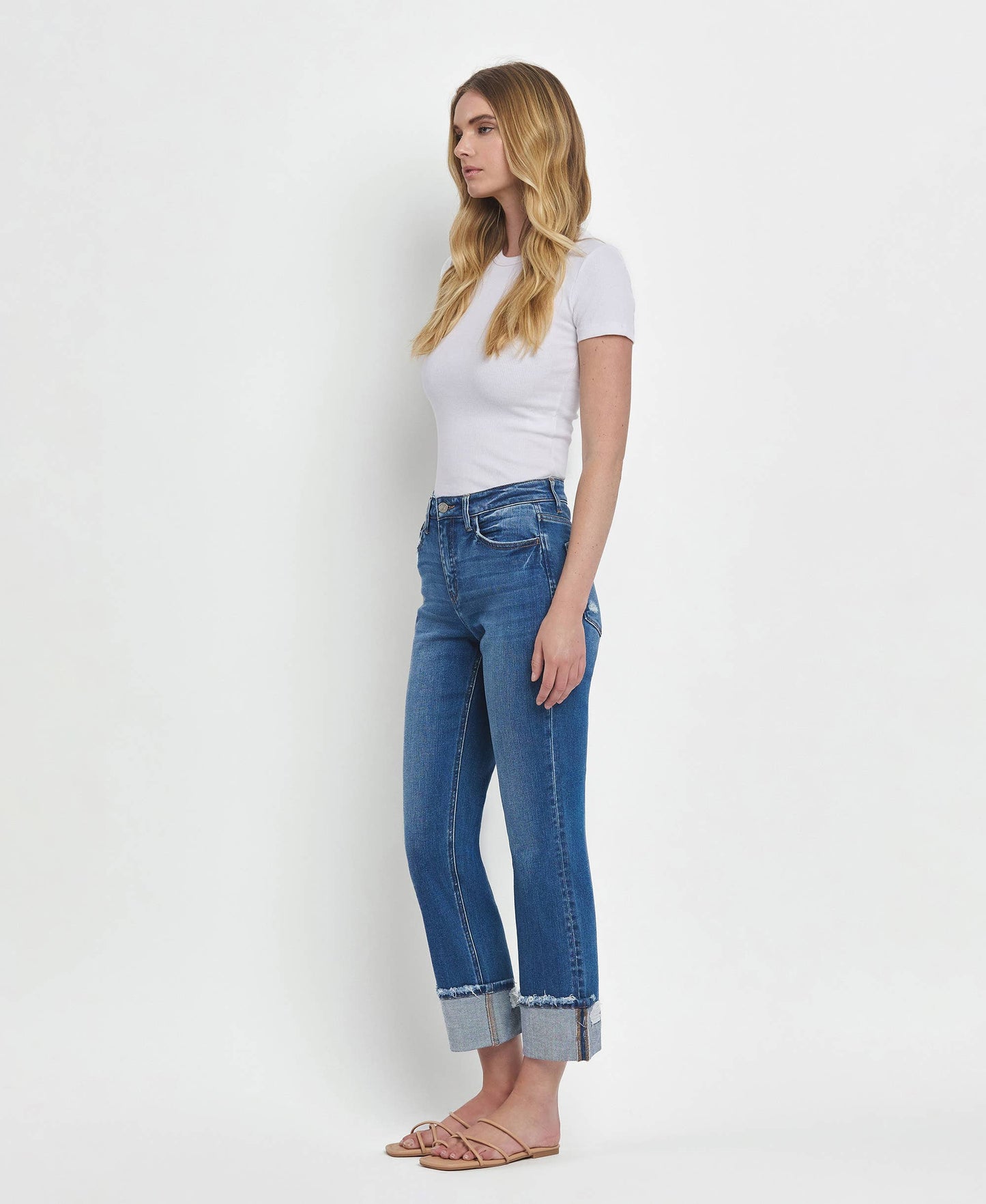 HIGH RISE CUFFED STRAIGHT JEANS T6600
