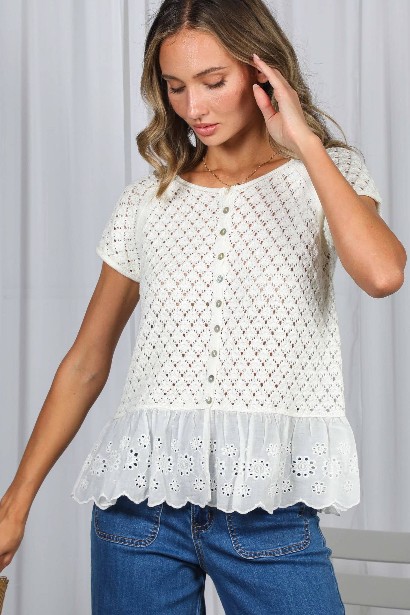 Eyelet Lace Ruffle Hem 100% Cotton Crochet Sweater VT82969