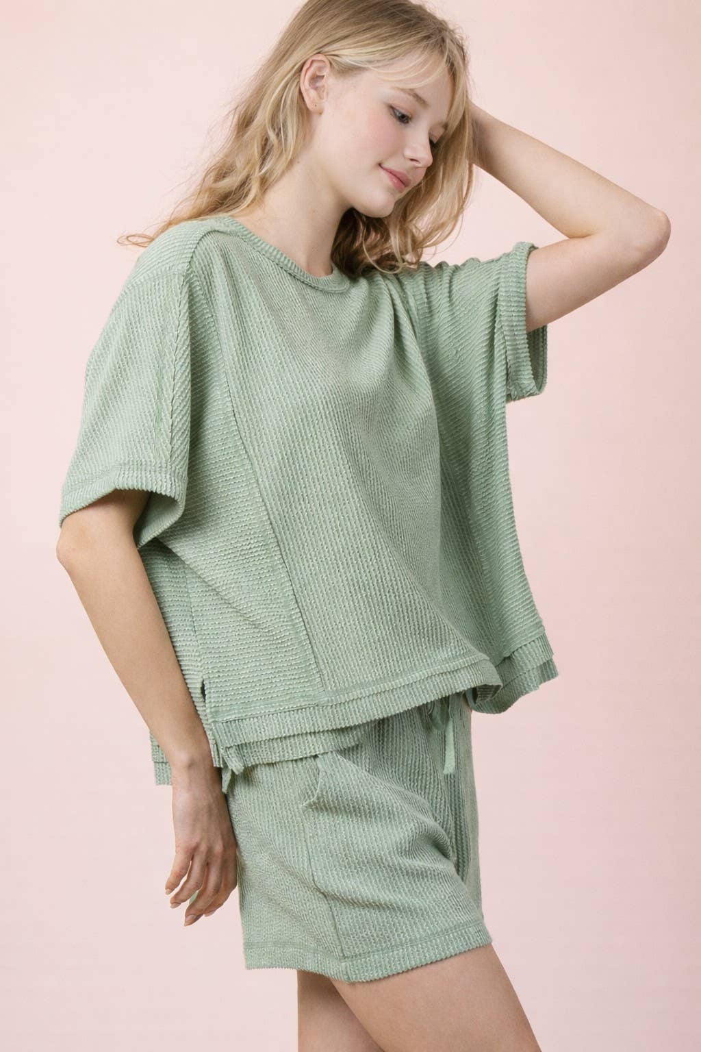 VERY J - NT12686SET-Ribbed Knit Comfy Top & Shorts Set