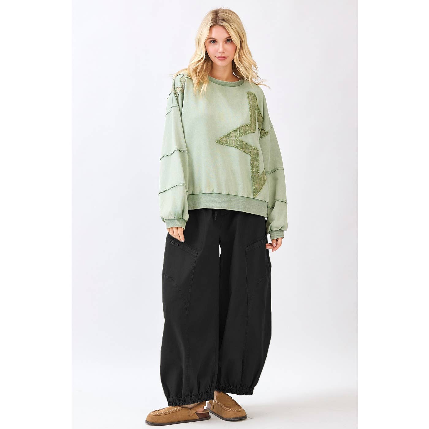 mittoshop - STAR PATCHWORK MINERAL WASH LONG SLEEVE SWEATSHIRT