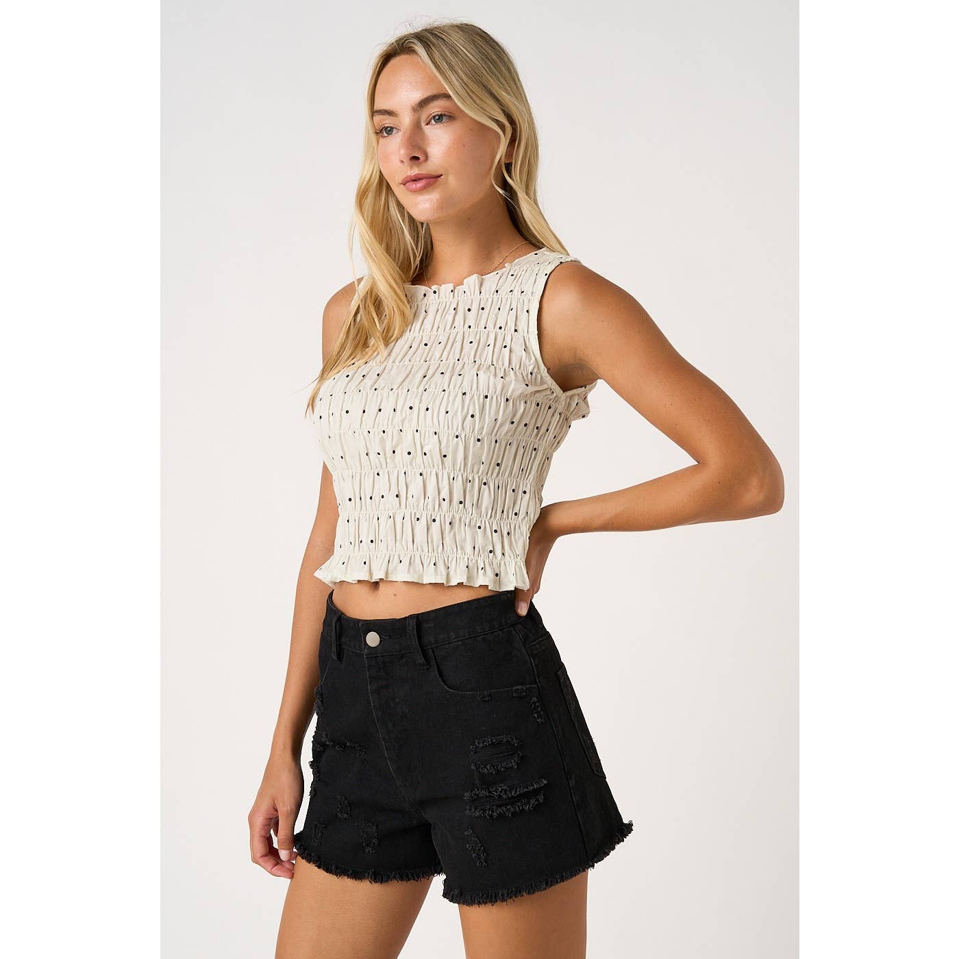 mittoshop - MINI POLKA DOT SMOCKED CROP TANK TOP