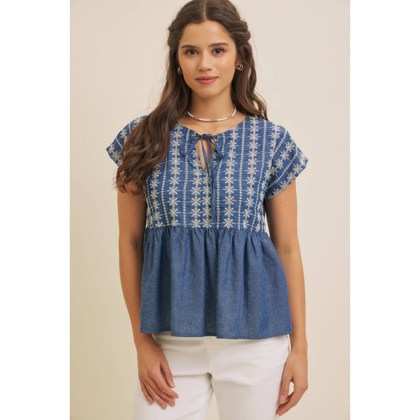 EMBROIDERY BABYDOLL DENIM BLOUSE TOP WITH ROUND SPLIT NECK