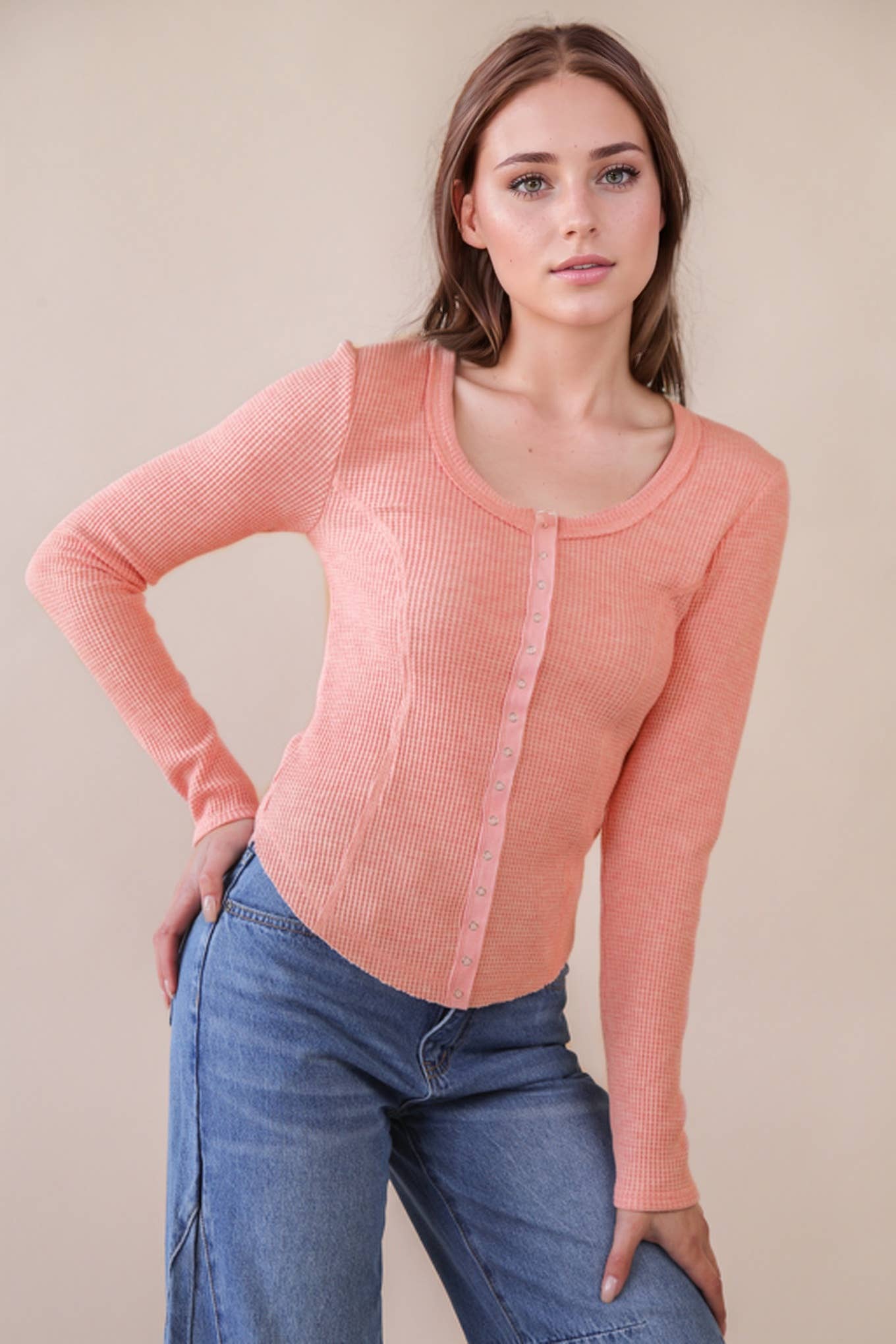 NT12243-Button Down Fitted Knit Casual Top