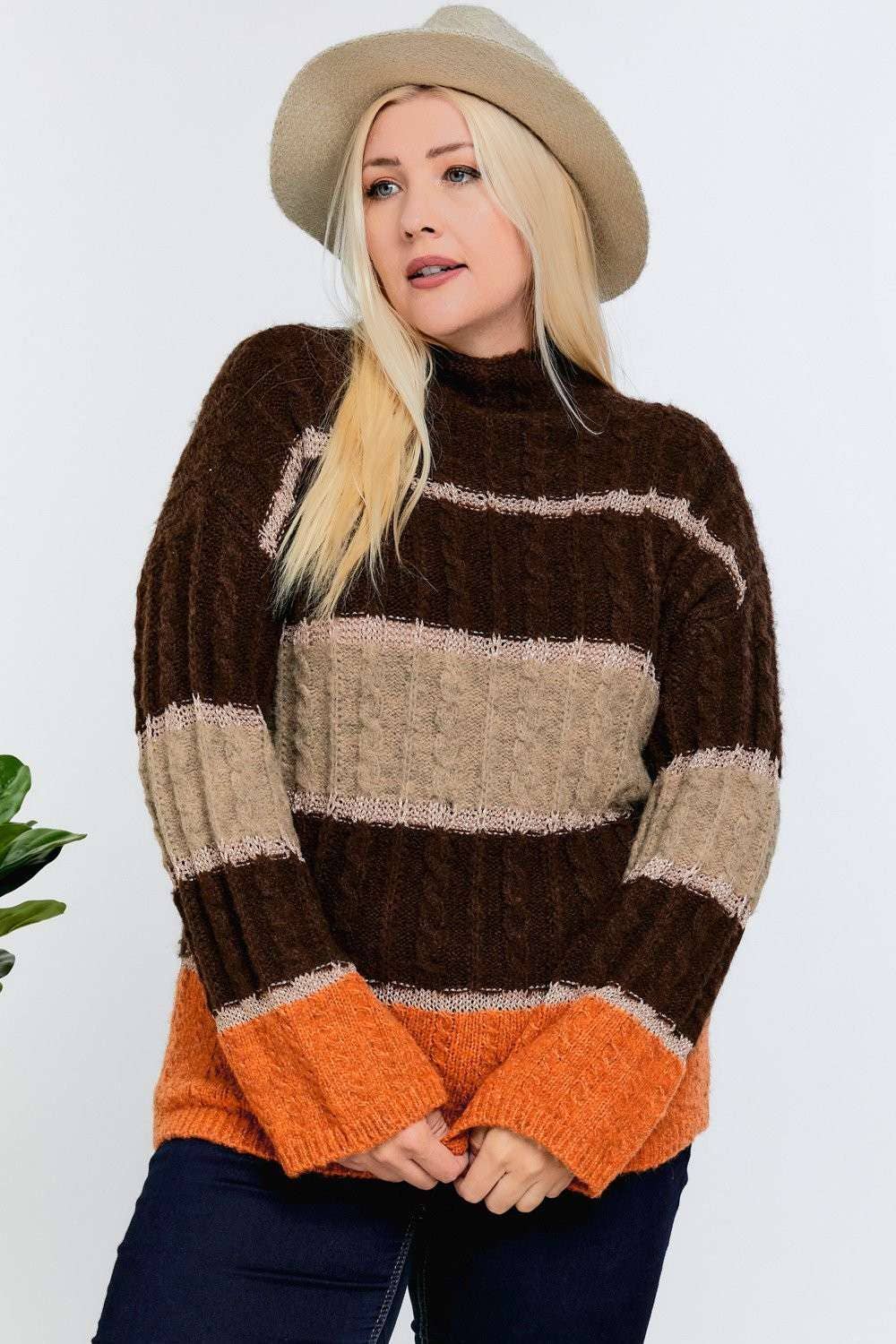 PLUS COLOR BLOCK MOCK NECK LONG SLEEVE SWEATER