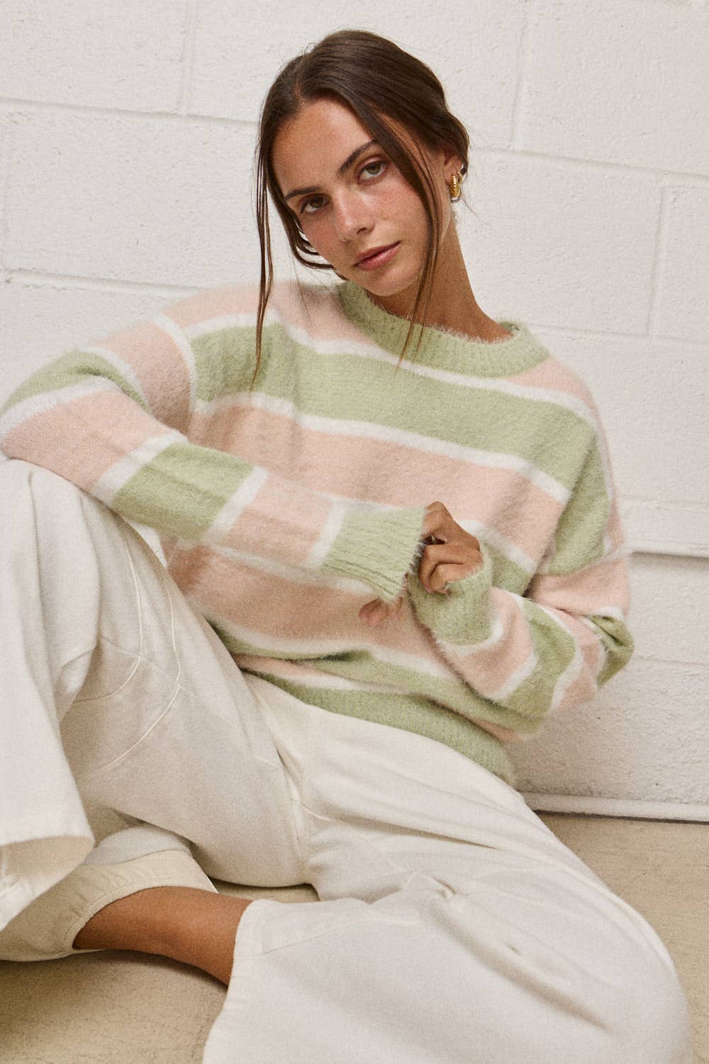 PT19021 - Loose Fit Striped Fuzzy Knit Sweater Top