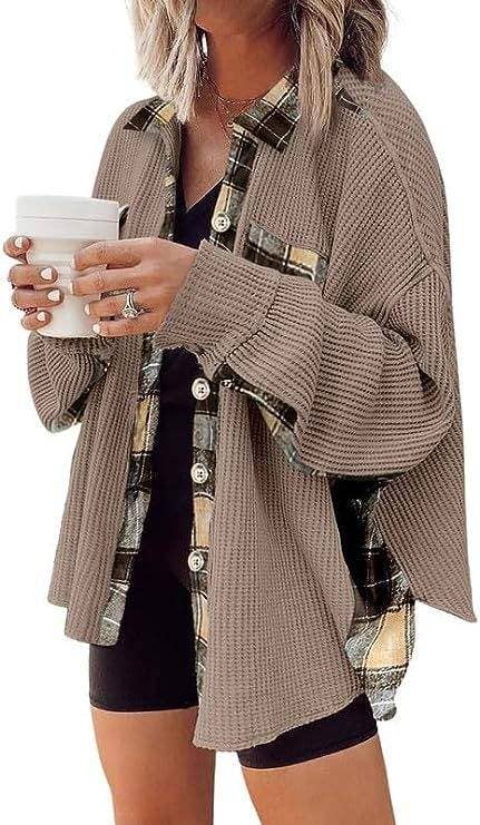 Sleeve top melliflo waffle knit plaid shacket
