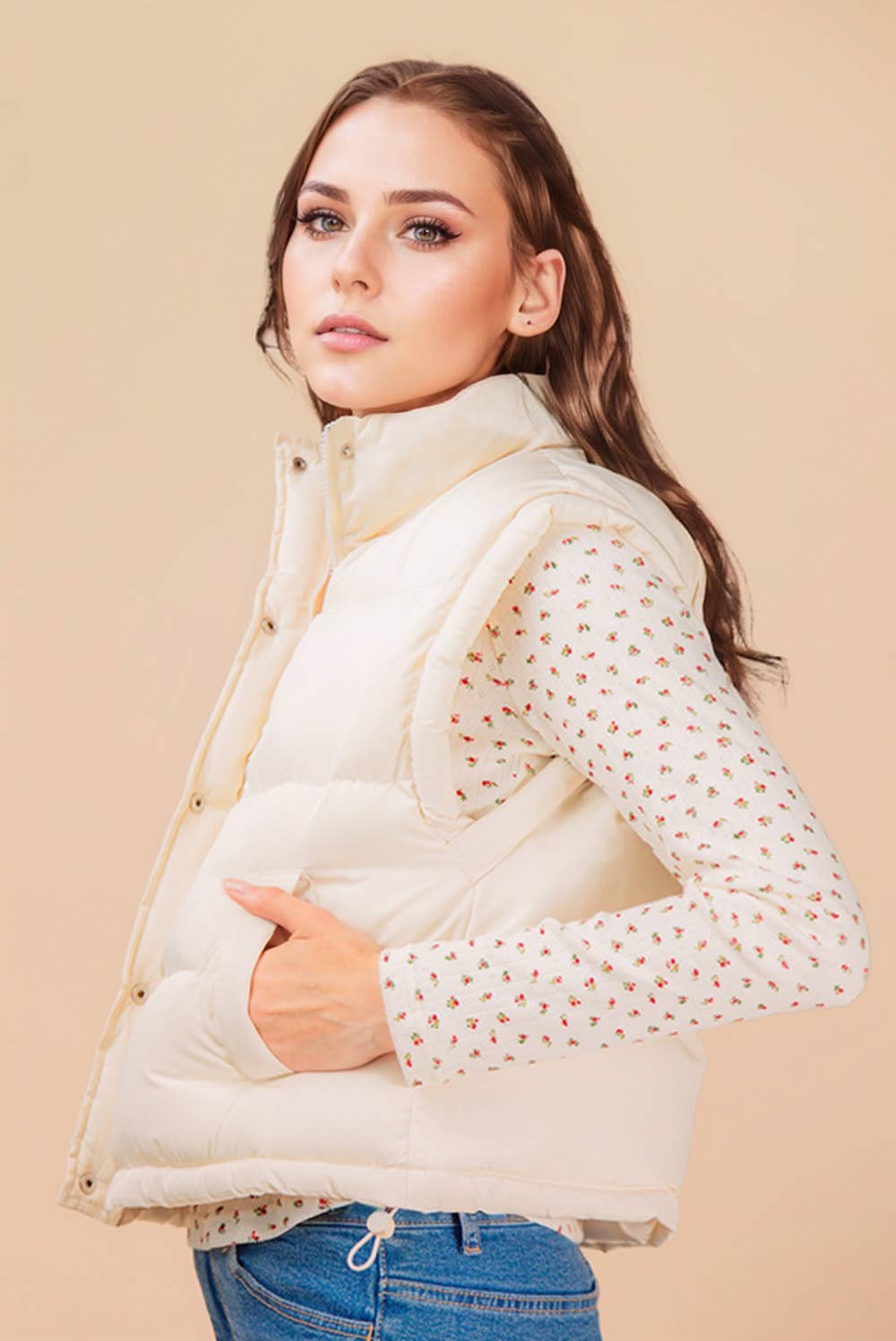 NJ90283-Mock Neck Casual Puffer Vest