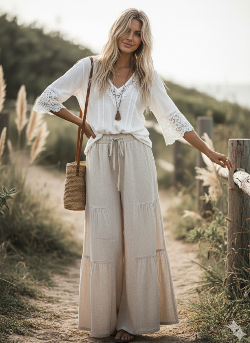 Linen Blend Tiered Wide Leg Palazzo Pants