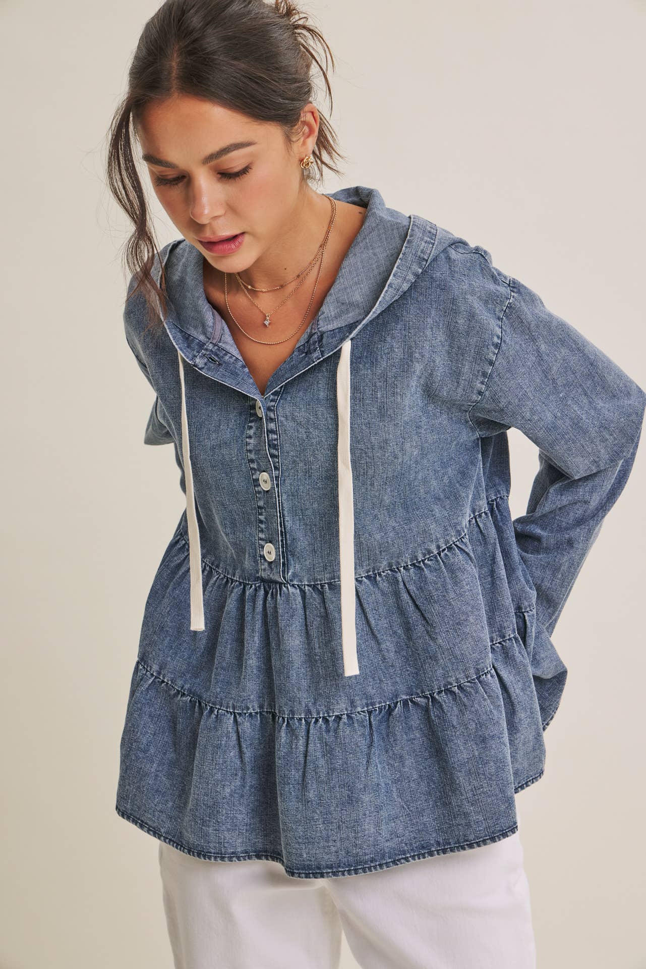 in february - DUSTY ROAD MINERAL-WASHED HOODED TIERED RUFFLES DENIM TOP