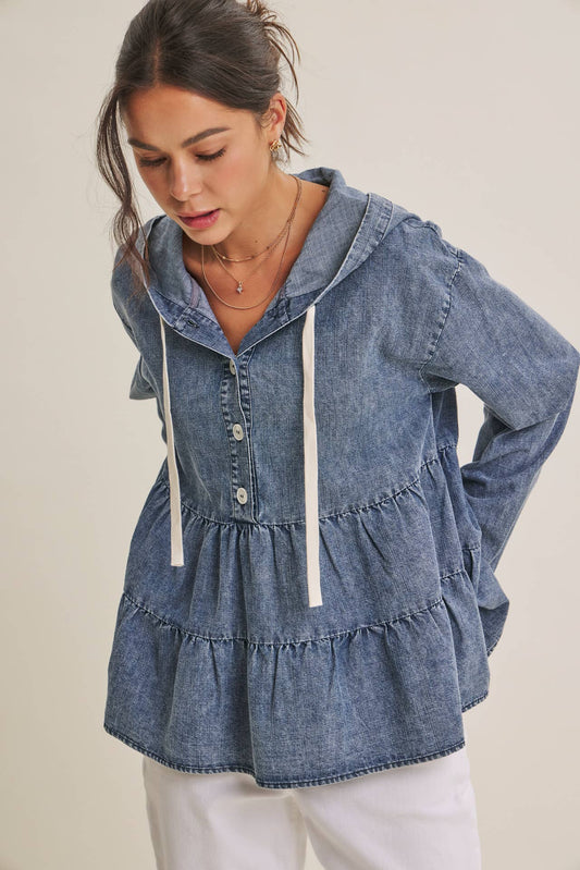 in february - DUSTY ROAD MINERAL-WASHED HOODED TIERED RUFFLES DENIM TOP