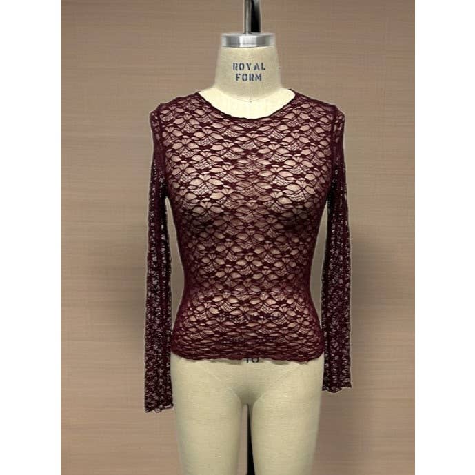 PLUS SIZE LACE FITTED LONG SLEEVE LETTUCE TRIM TOP