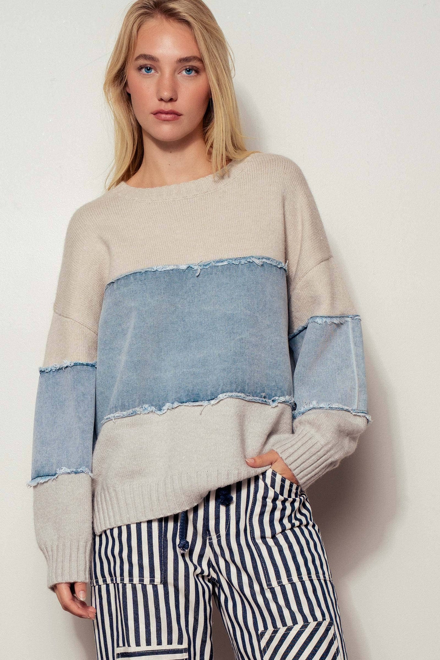 Colorblock Distressed Denim Patchwork Knit Sweater