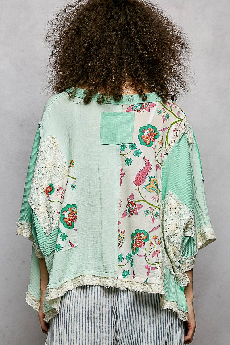 Round Neck Double Gauze Floral Woven Top