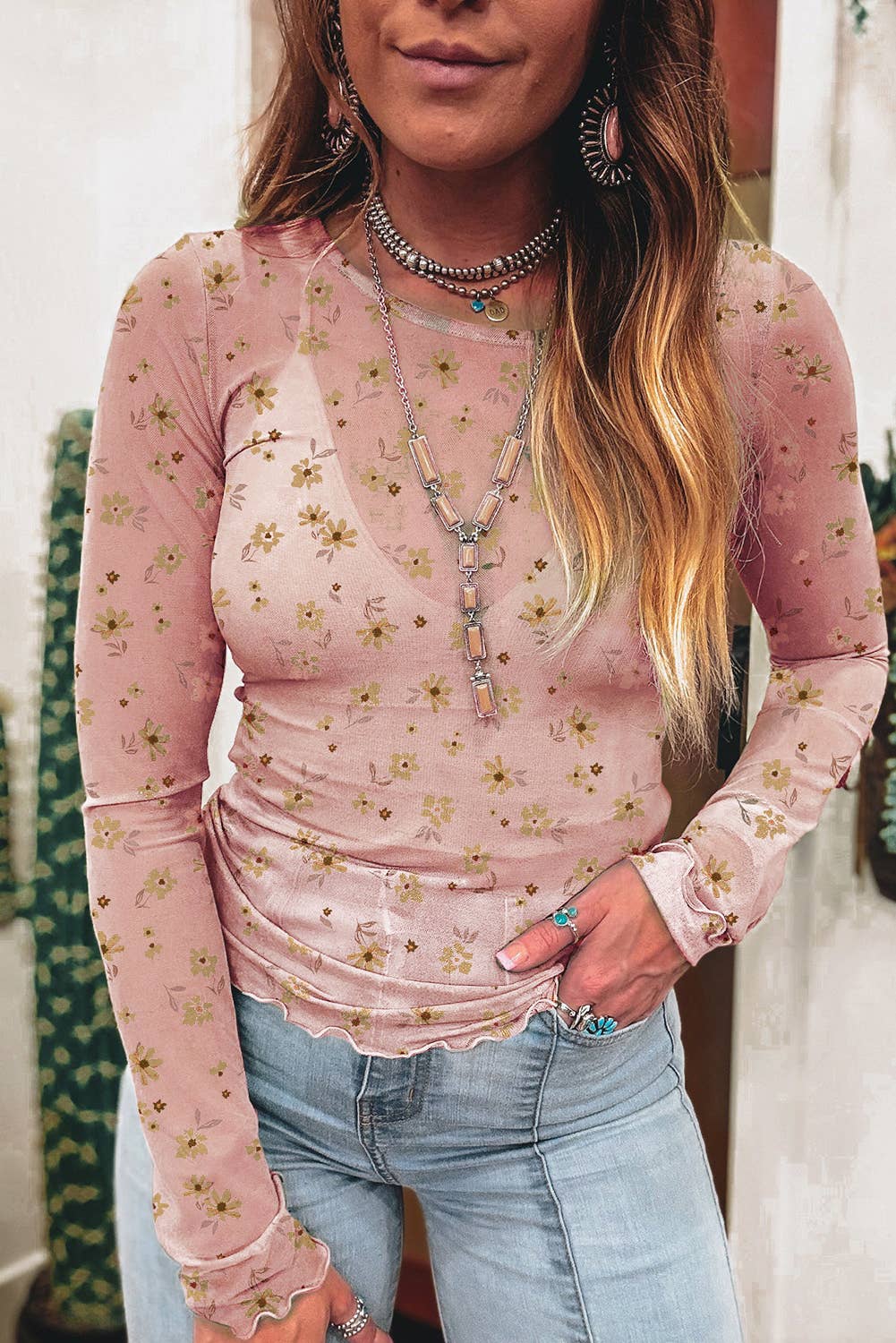 66DISCO - Western Vintage Floral Southern Style Mesh Long Sleeve Top