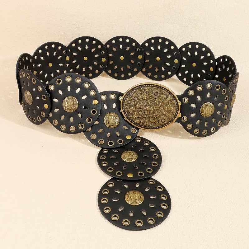 JOSSLYN by wall to wall - Studded Oval Disc Snap Y Shape Punk Belt | 40BT658