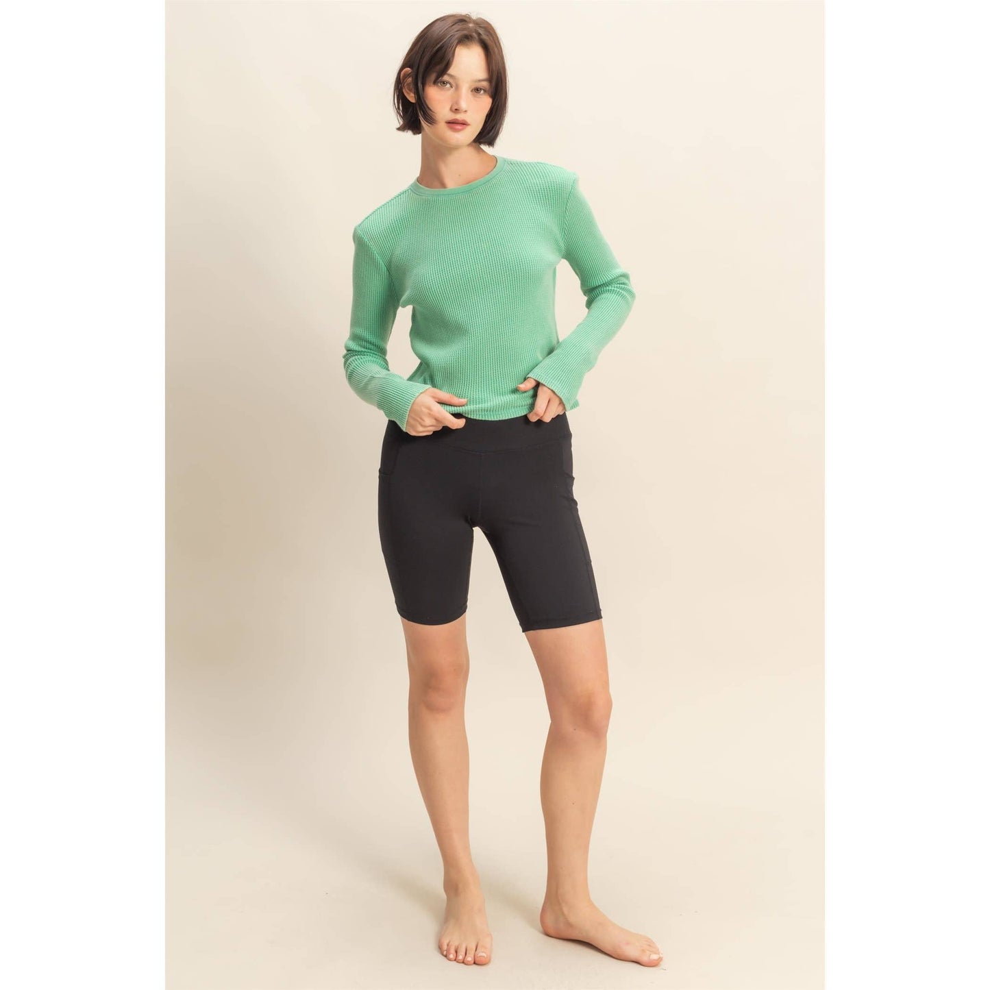 Mineral Wash Waffle Knit Long Sleeve Top