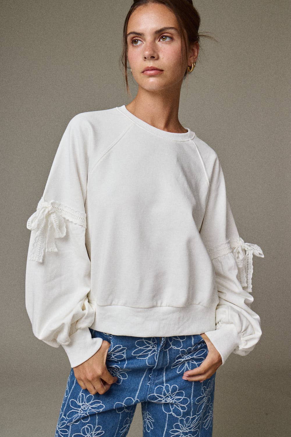 PT18996 - Bow Sleeve Sweatshirt- Lace Trim Detail
