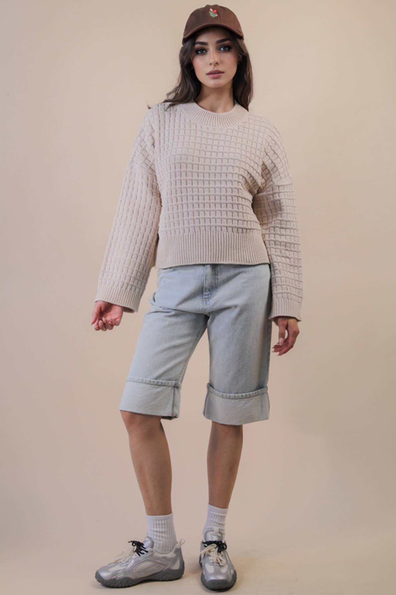 12W3518N-Oversized Textured Solid Casual Knit Sweater Top