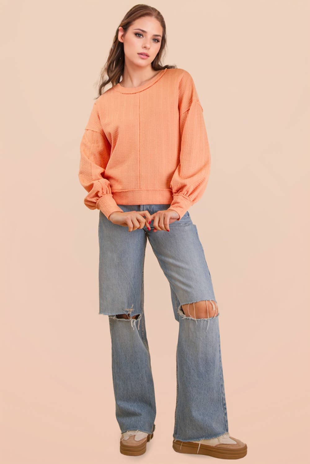 VERY J - NT12413-Raw Edge Detail Oversized Textured Knit Top