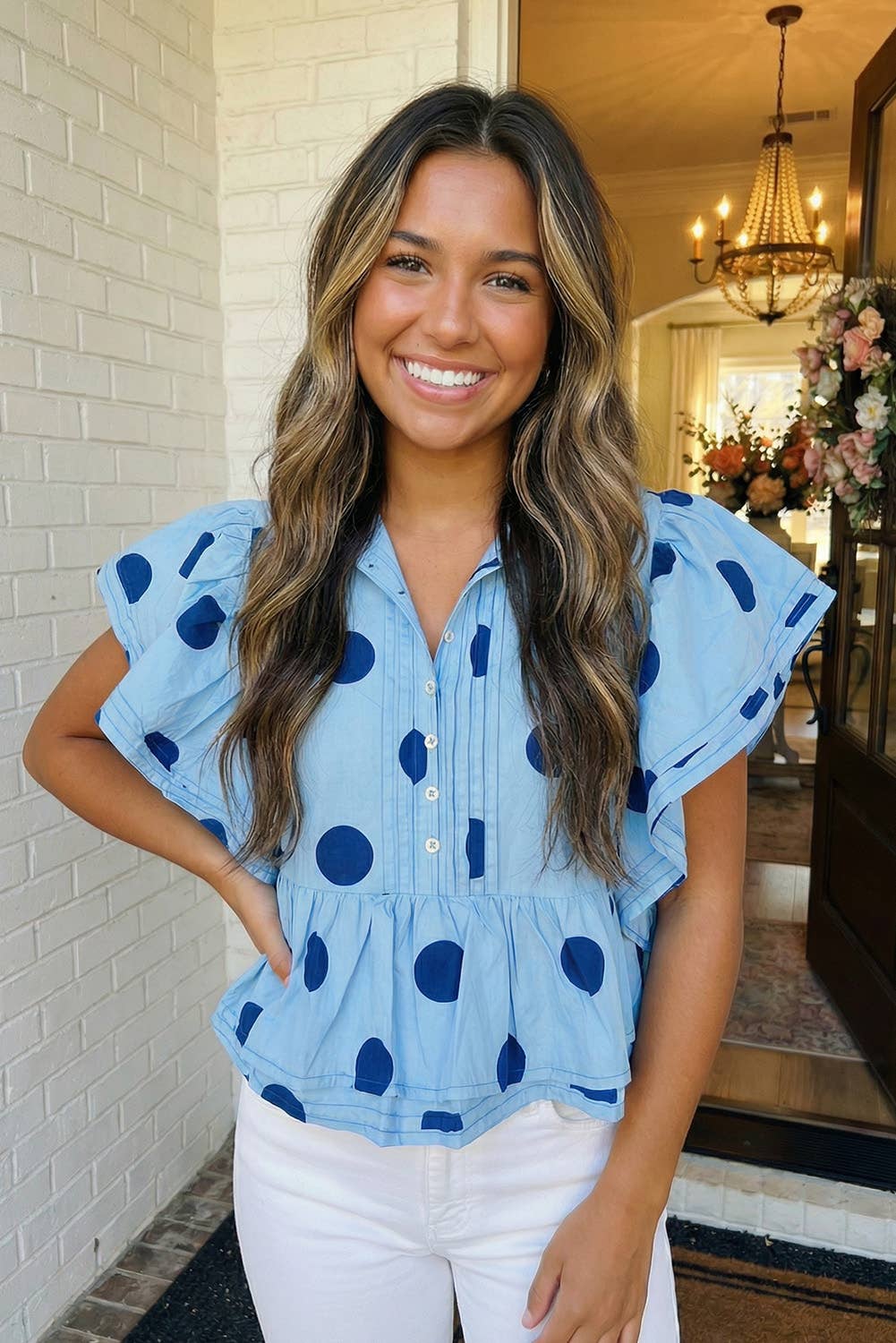 Blue Polka Dot Print Ruffled top