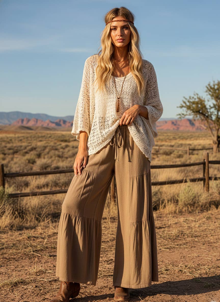Linen Blend Tiered Wide Leg Palazzo Pants