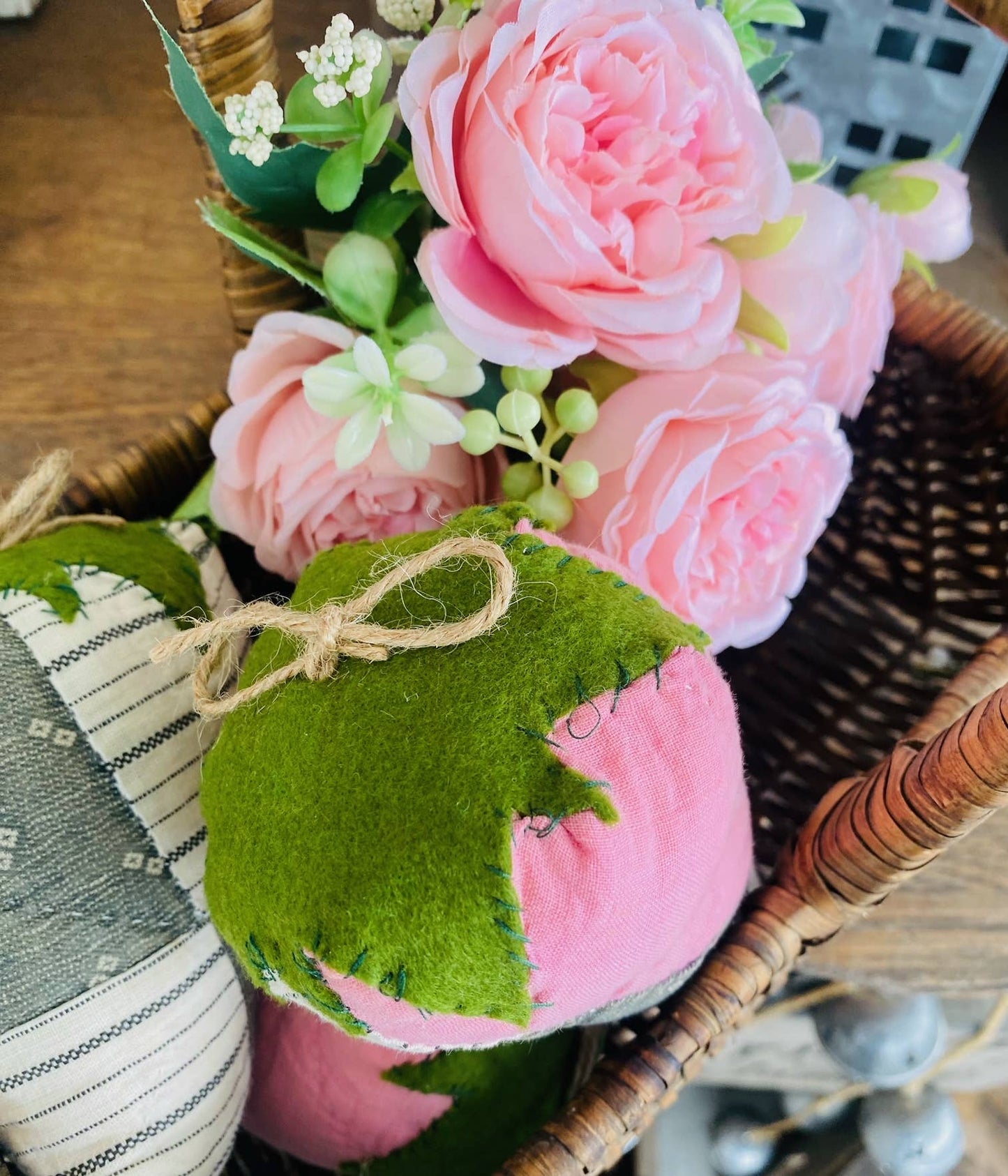 A Gnome on the Roam - Large handmade fabric vintage quilt strawberry bowl filler