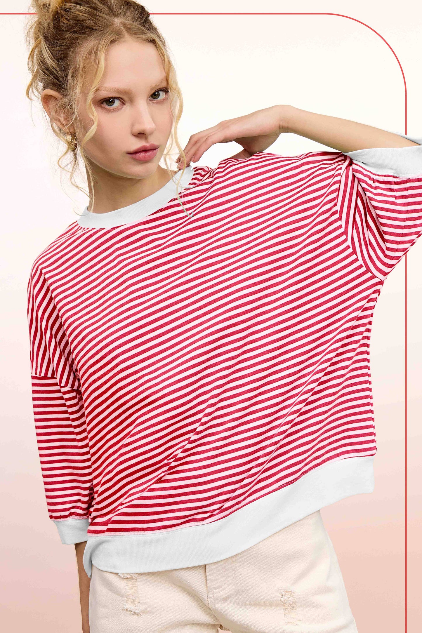 MCT7688-Loose Fit Striped Short Sleeve Crew Neckline Top
