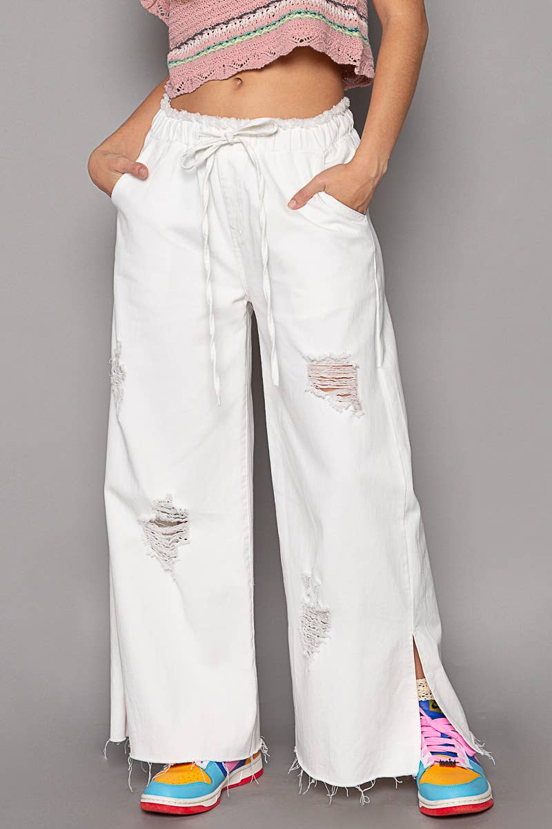 Wide Leg Drawstring Elastic Waist Distressed Denim Pants