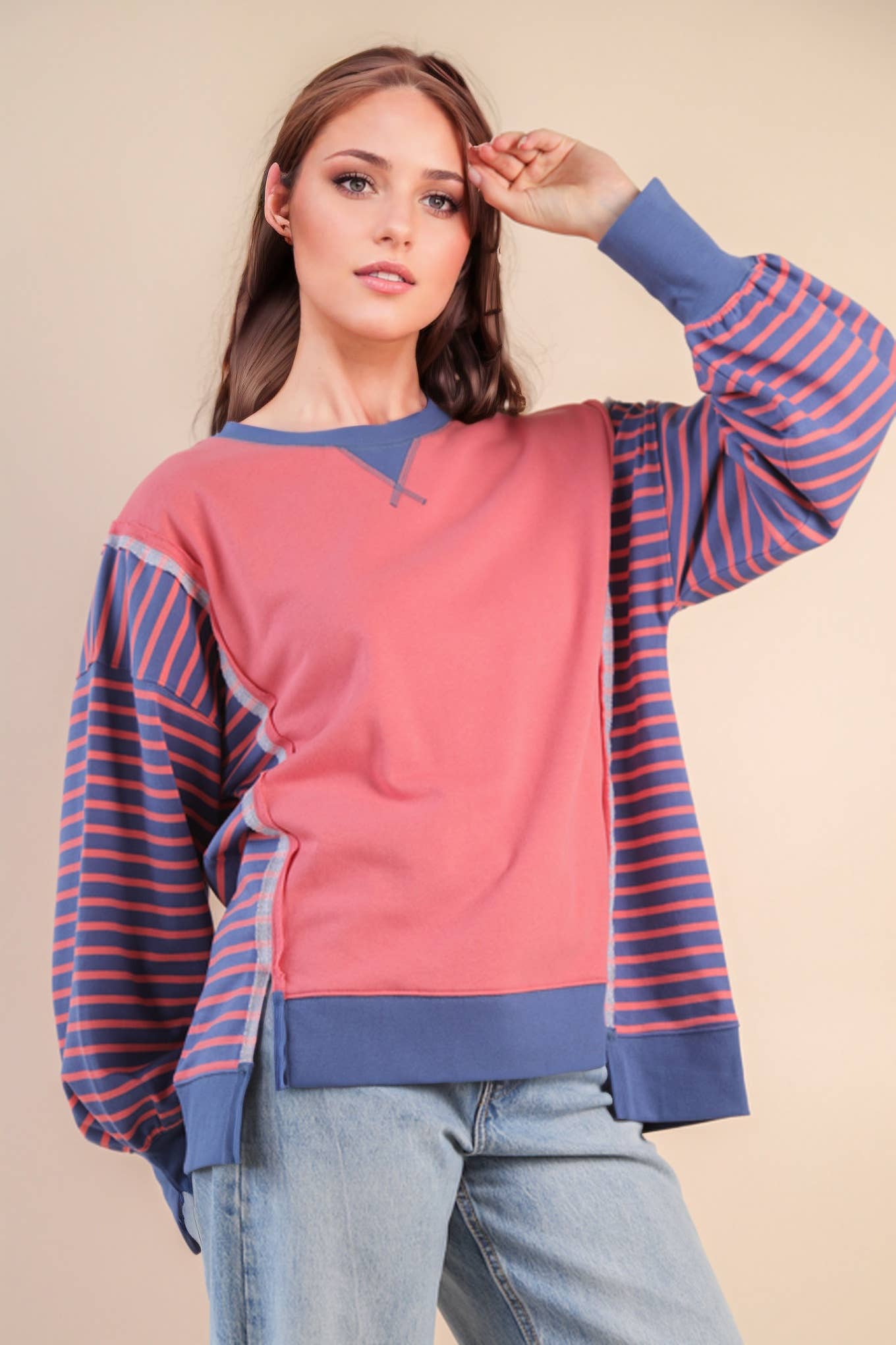 NT12221-Oversized Striped Casual Knit Top