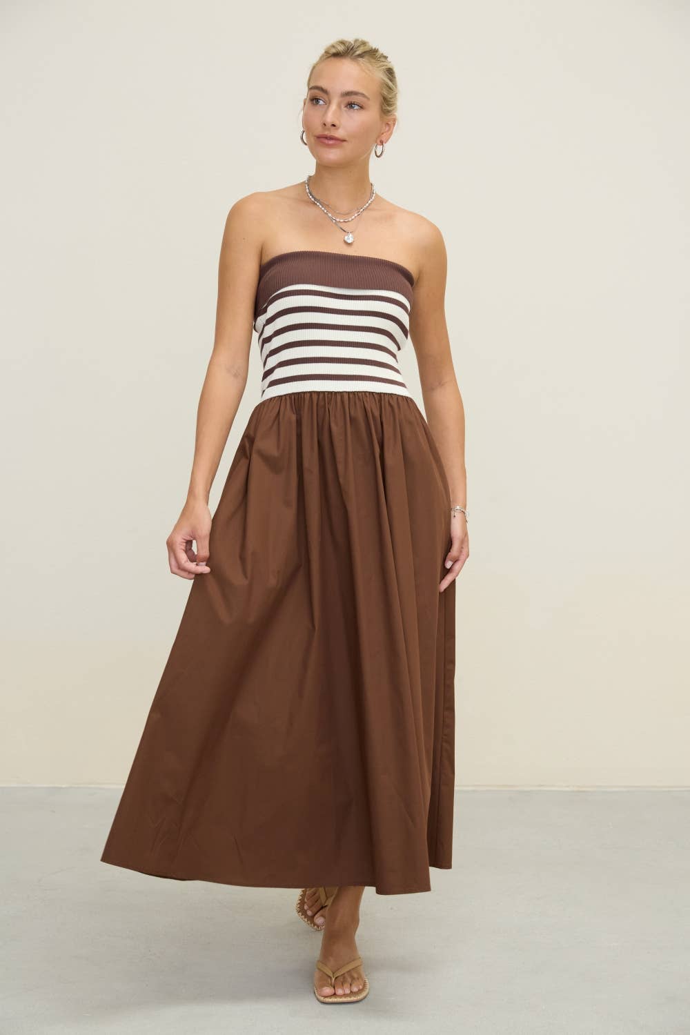 Dottie Dottié Garage - Stripe Knit Bodice Strapless Woven Skirt Midi Dress