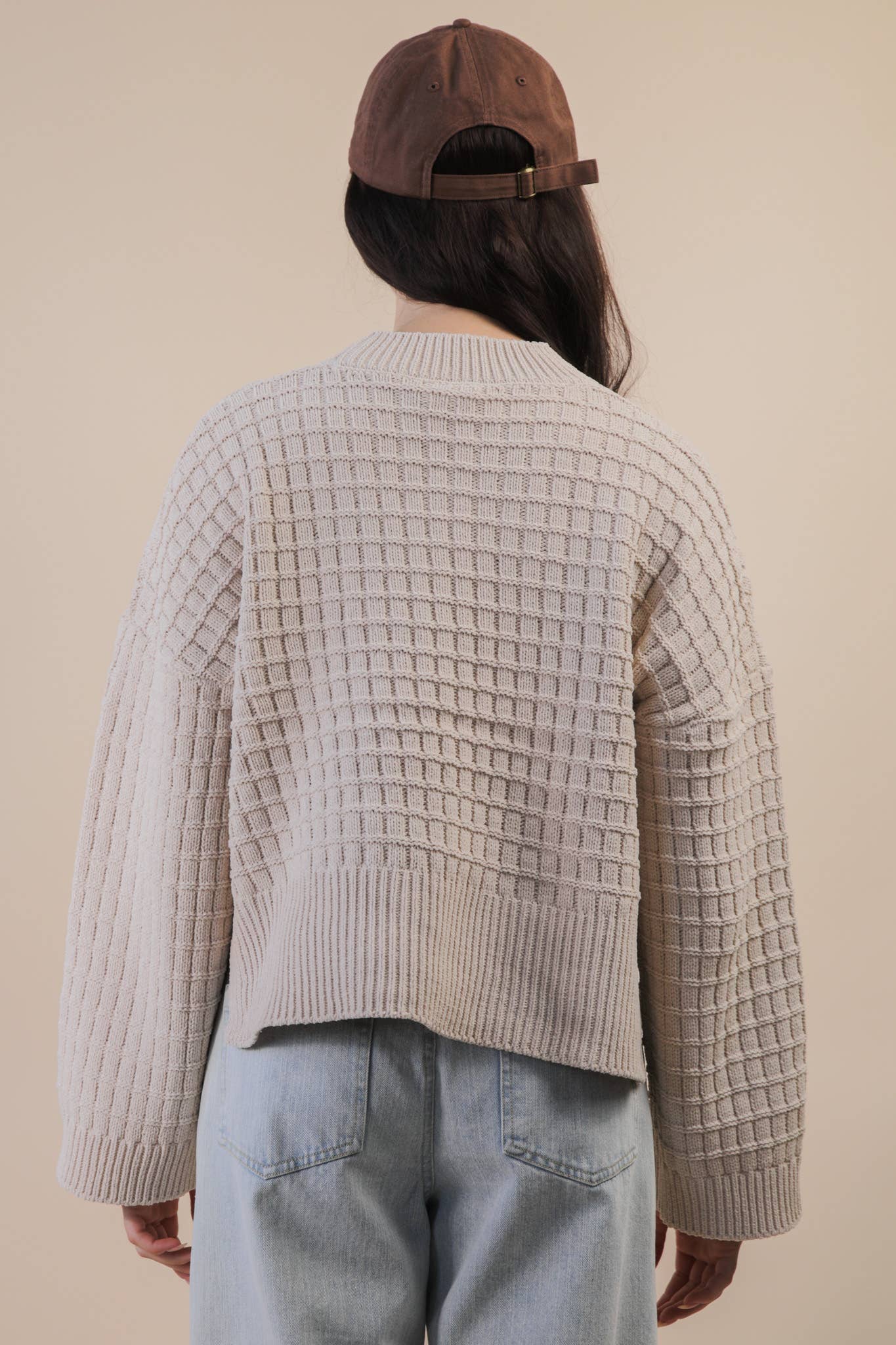 12W3518N-Oversized Textured Solid Casual Knit Sweater Top