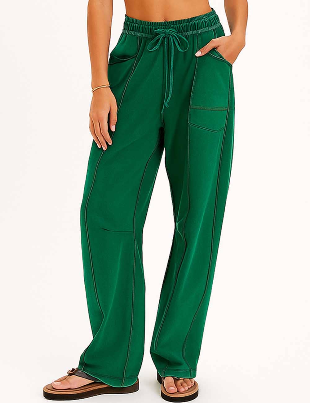 Ladies Contrast Stitching Elastic Waist Drawstring Barrel Pants