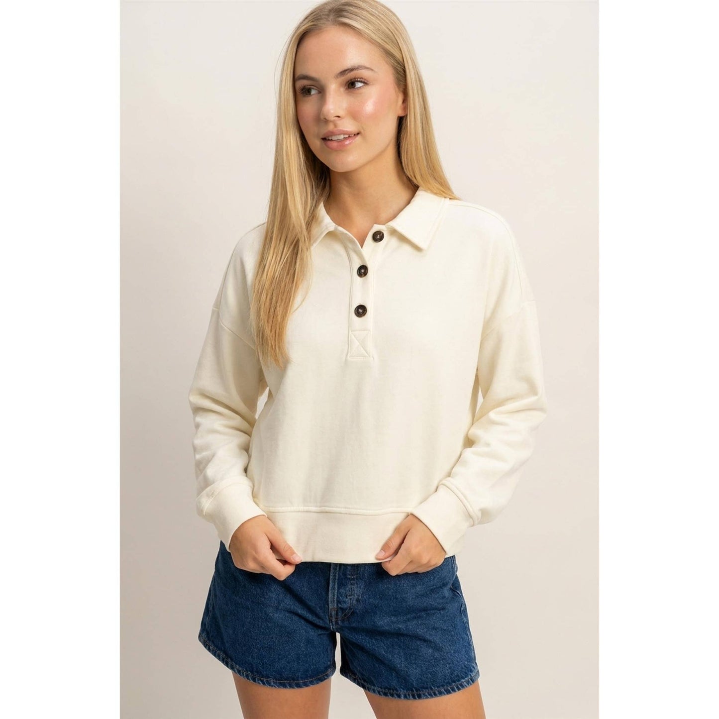Double Zero - Washed Button-Front Collared Sweatshirt