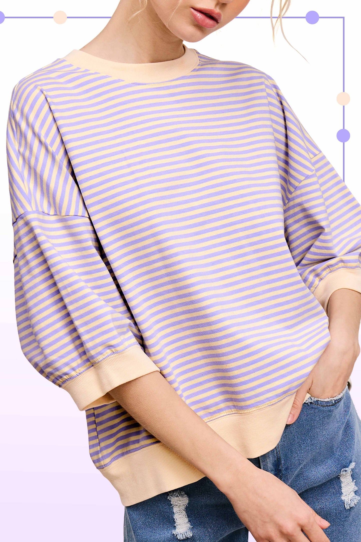 MCT7688-Loose Fit Striped Short Sleeve Crew Neckline Top