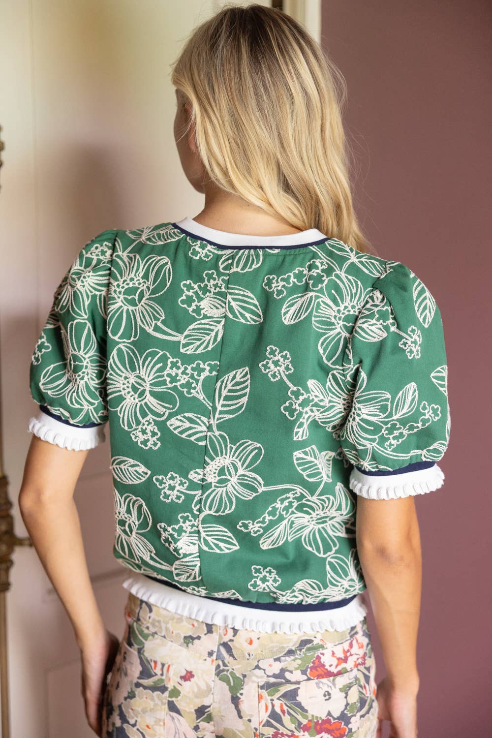 VOY - 36770 Striped Rib Band Detail Floral Embroidered Top