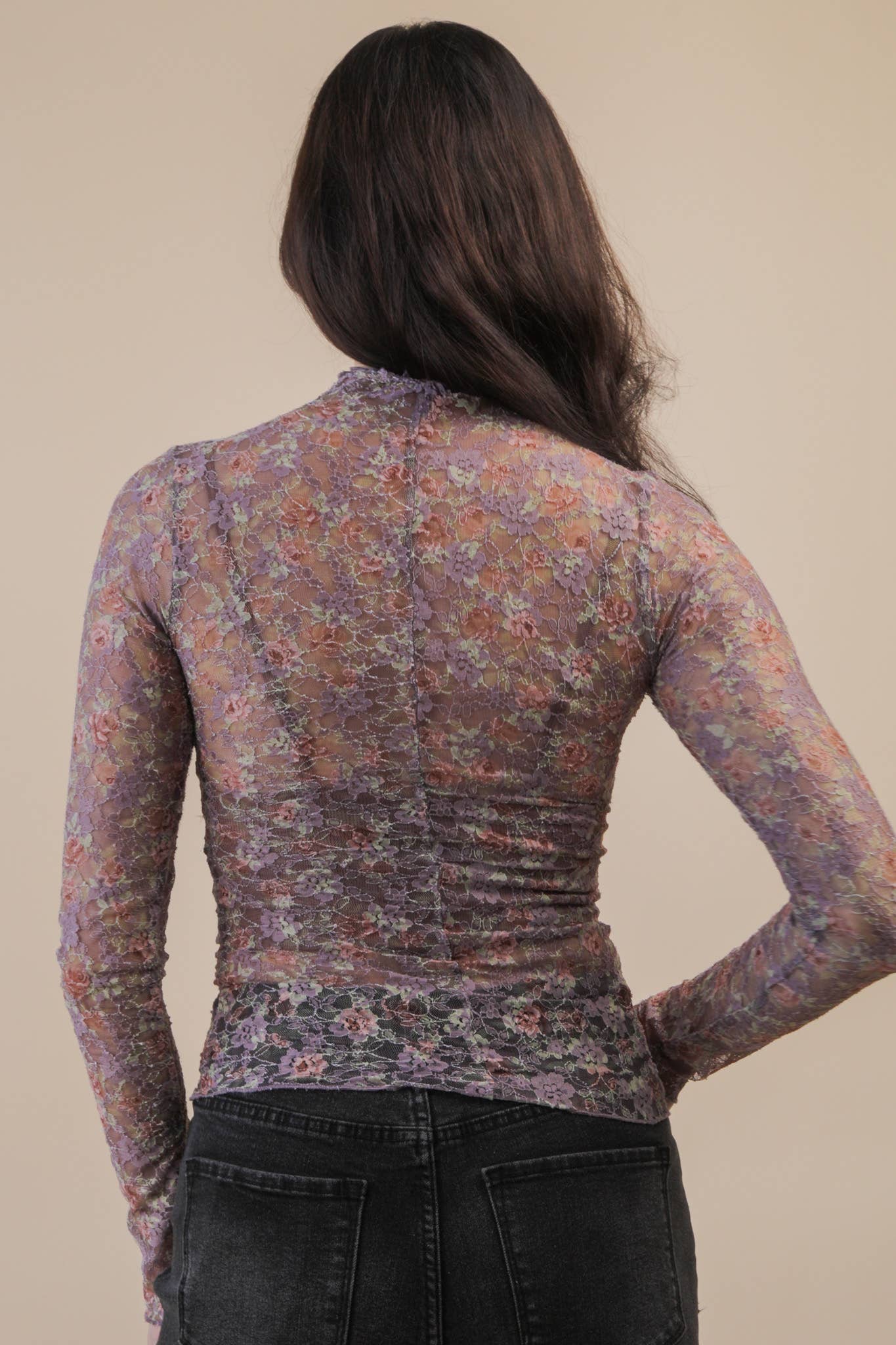 NT12220-High Neck Fitted Sheer Mesh Lace Knit Top