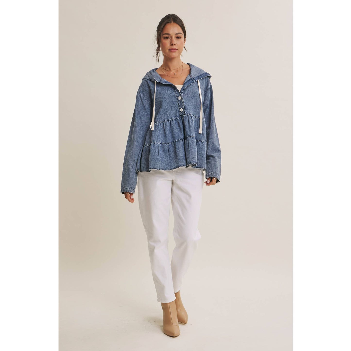 in february - DUSTY ROAD MINERAL-WASHED HOODED TIERED RUFFLES DENIM TOP