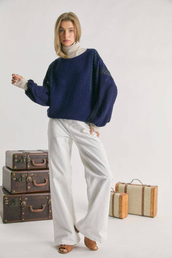 PLUS LACE DETAIL SLEEVE COLOR BLOCK MIXED FABRIC SWEATER PULL OVER TOP